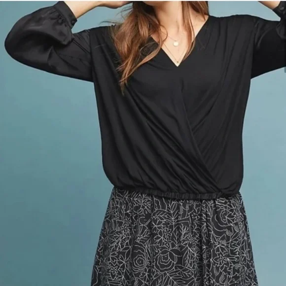 NWOT ANTHRO | Kesia Surplice Mixed Media Blouse - Picture 2 of 4